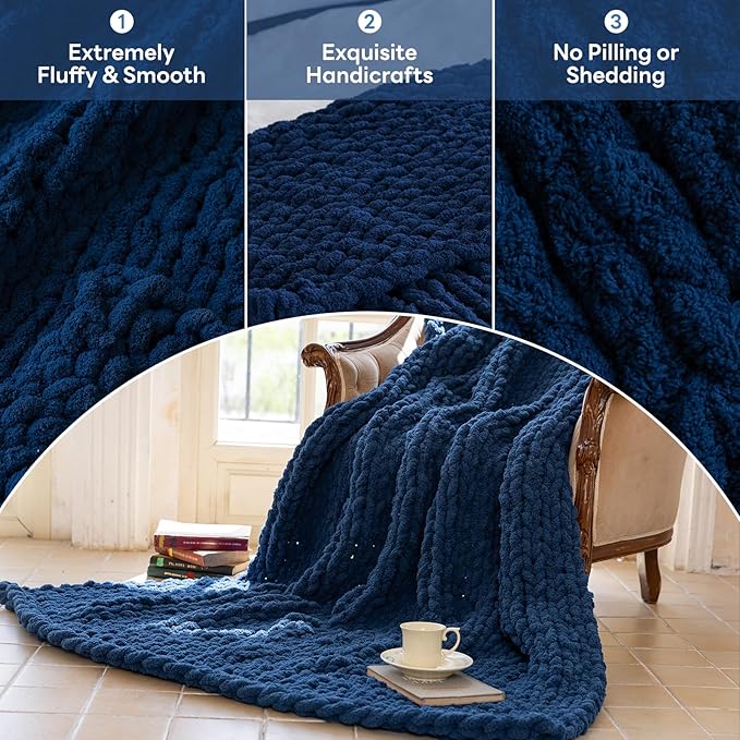 Chunky Knit Blanket - Luxury Soft Cozy 60 * 80 Throw Blanket,100% Woven Blanket Rope Knot Throw Blanket for Couch, Sofa, Home Decor, Gift - Machine Washable（Deep Blue）