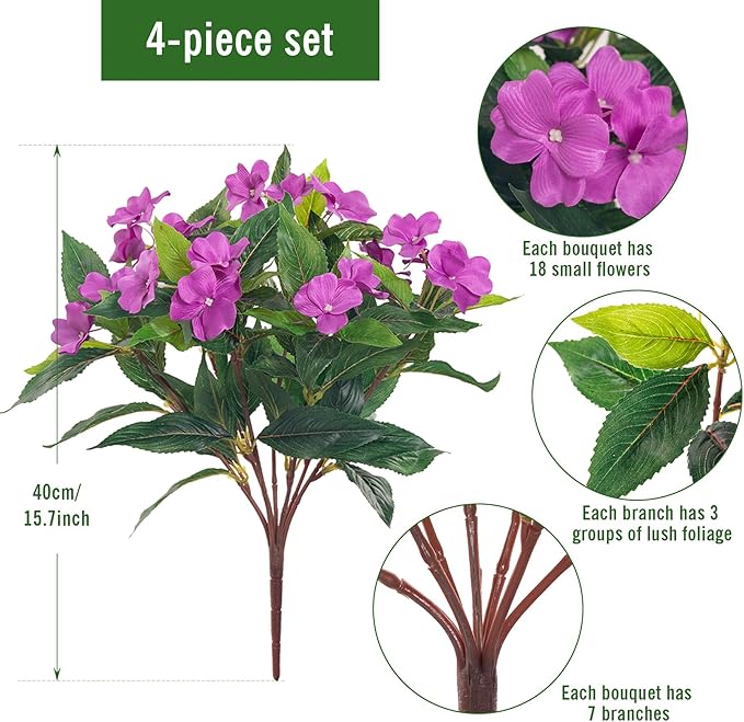 Artificial Impatiens Bouquet Flowers for Outdoors Silk Faux Flowers for Outdoor Impatiens Plants Decor Indoor Planters Kitchen Planters and Balcony Decorations 4PCS (Purple)