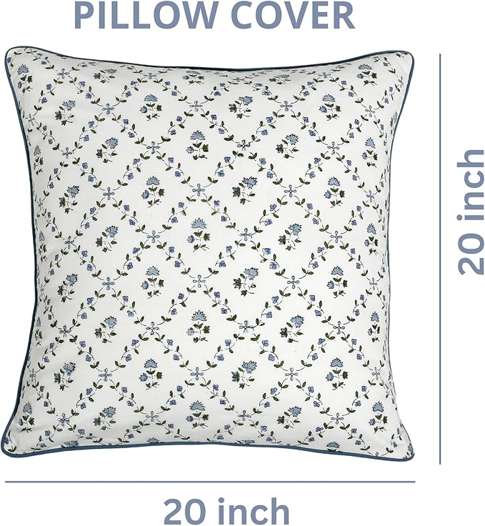 Ridhi Powder Blue Block Print Preppy Grandmillennial Pillow Cover Set of 2-20" x 20" Throw Pillow for Home White Floral Pillow Cover Grandmillennial Home Decor Thanksgiving