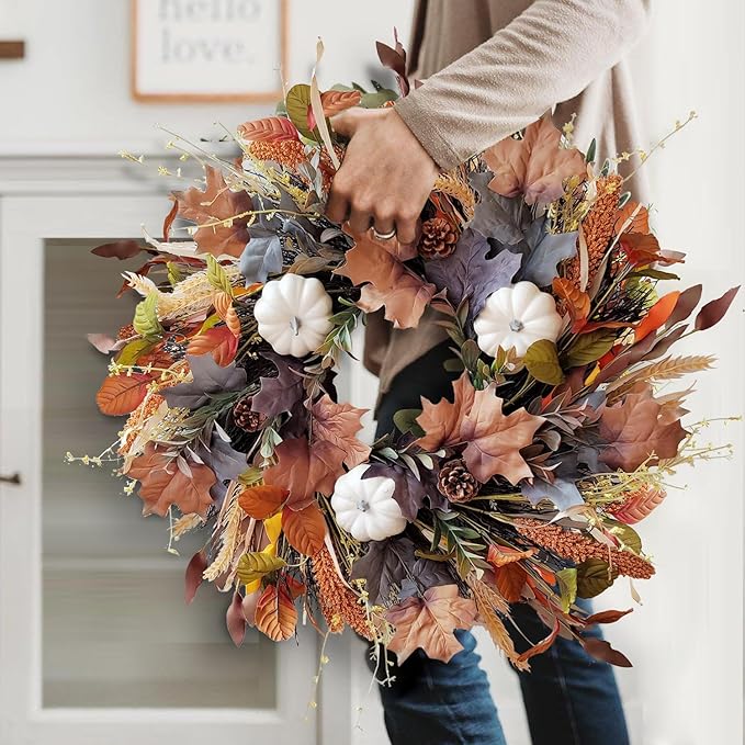 WANNA-CUL 24 Inch Fall Wreath for Front Door with White Pumpkins,Grains, Maple Leaves-Fall Decoration for Home-Large Fall Decor Door Wreath for Autumn,Harvest or Halloween