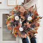WANNA-CUL 24 Inch Fall Wreath for Front Door with White Pumpkins,Grains, Maple Leaves-Fall Decoration for Home-Large Fall Decor Door Wreath for Autumn,Harvest or Halloween