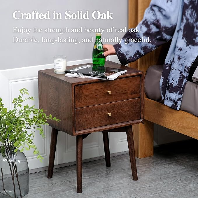 Night Stand, Midcentury Modern Solid Wood Nightstand with Drawer, Durable Sturdy Tall Bedside Tables with High Stool Leg, 17.72 W x 13.78 D x 23.63 H Inches (Walnut)