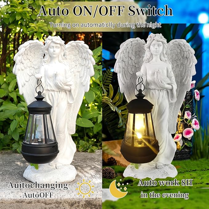 Solar Angel Garden Statue, Angel Figurine Outdoor Decor with Warm White Solar Lantern Garden Angel Figurine Outdoor Statue Waterproof Angel Sculpture Lawn Yard Art Patio Ornament Housewarming Gift