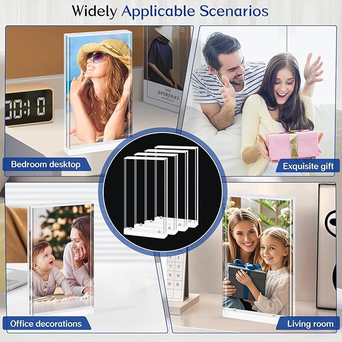 5x7 Acrylic Picture Frame, 4-Pack Magnetic Free-Standing Double-Sided Vertical Display, Clear Frameless Panels, Discreet White Base for Desk/Tabletop, Home & Office Decor