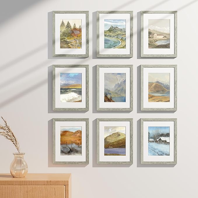 Vittanly 8.5x11 Picture Frames Set of 9, Shatter Resistant Plexiglass, Display 6x8 Pictures with Mat or 8.5x11 without Mat, Photo Frames for Wall or Tabletop, Engineered Wood, Grey
