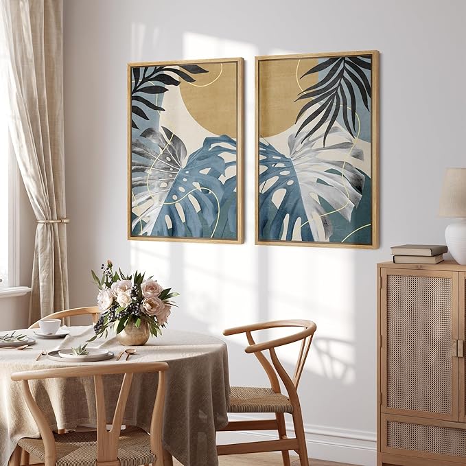 SIGNFORD Framed Canvas Print Wall Art Set Jungle Tropical Monstera Palm Leaf Abstract Shapes Illustration Modern Art Decorative Nordic Nature for Living Room, Bedroom, Office - 24"x36"x2 Natural