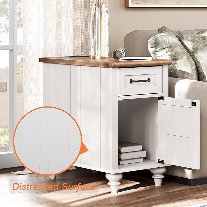 WAMPAT 2 Pack Off White End Table with Charging Station, Wood Side Sofa Table with Drawer and Storage Cabinet, Modern Nightstand with Power Outlets & USB Ports for Living Room, Bedroom