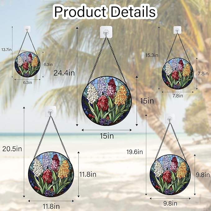 Stained Glass Window Hanging, Colorful Hyacinth Flowers Suncatcher for Doors Window Home Plant Sun Catchers Decoration Mother's Day Birthday Gifts for Women, Men, and Mom 15x15 in