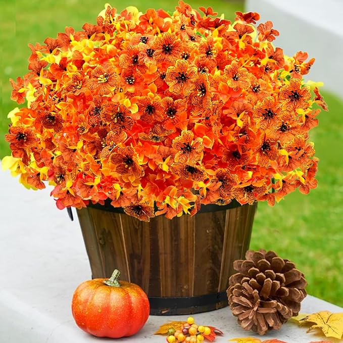 Artificial Fall Flowers for Outdoors, 10 Bundles Artificial Plants UV Resistant Fall Fake Plants for Outside Halloween Christmas Porch Decoration Fall Decor(Orange(Eucalyptus))
