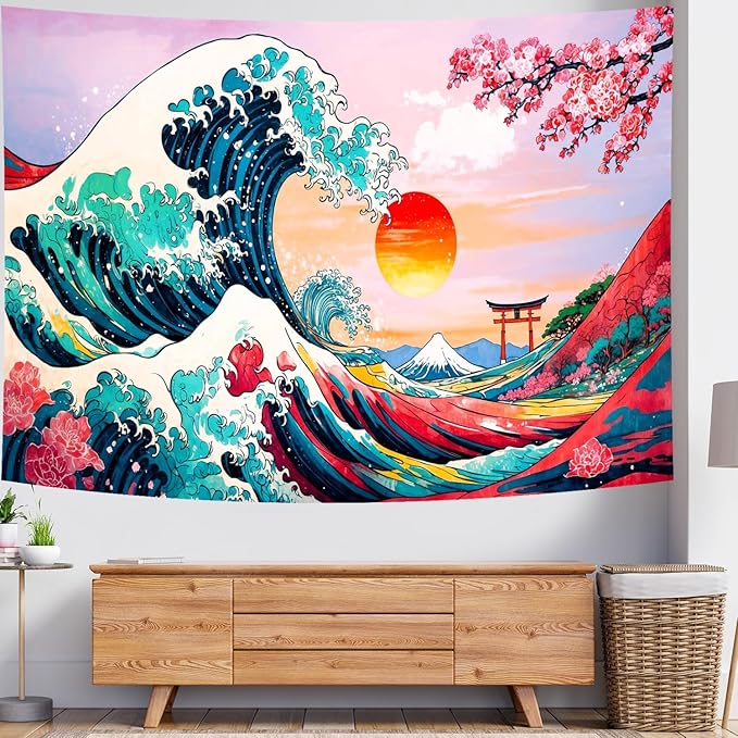 Delur Great Wave Tapestry Japanese Sunset Ocean Sea Wave Off Kanagawa Tapestry Wall Hanging Vintage Asian Anime Cherry Blossom Nature Headboard for Bedroom Living Room Home Decor (70.8" x 92.5")