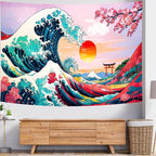 Delur Great Wave Tapestry Japanese Sunset Ocean Sea Wave Off Kanagawa Tapestry Wall Hanging Vintage Asian Anime Cherry Blossom Nature Headboard for Bedroom Living Room Home Decor (70.8" x 92.5")