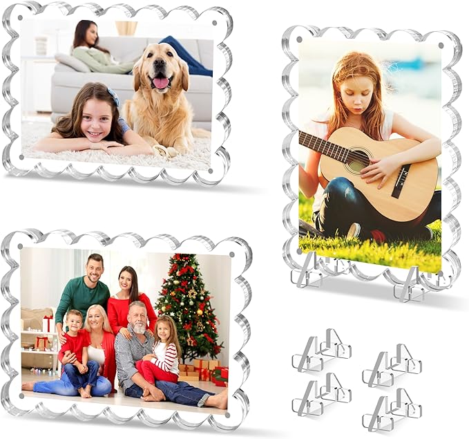 3 Pack Acrylic Picture Frames, 4x6 Magnetic Photo Frame with Stands, Double Sided Clear Picture Frame,10+10mm Thickness Scalloped Photo Frames for Home Office Decor Table Top Display