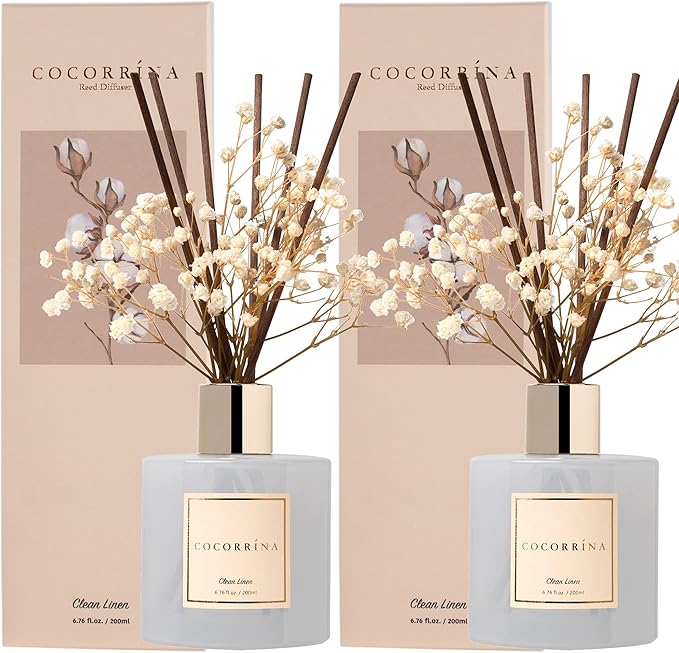 Cocorrína Reed Diffuser Set, 6.7 fl.oz Clean Linen 2 Packs Scented Diffuser with Sticks Home Fragrance Reed Diffuser for Bathroom Shelf Decor