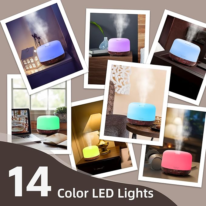 ASAKUKI 500ml Essential Oil Diffuser, Aromatherapy Fragrant Oil Humidifier Vaporizer, 7-Color Light and Auto-Off Safety Switch Reddish-Brown