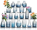 Glass Bud Vase Set of 20 - Small Vases for Flowers in Bulk - Assorted Vintage Crystal Vases for Flowers, Table Centerpieces (Blue, 20 Pcs)