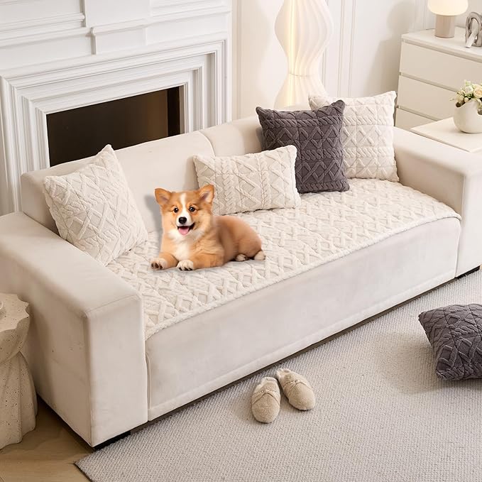 Plush Couch Cover for Pets Super Soft Sofa Covers for Cats & Dogs Washable Sofa SlipCover Furniture Couch Protector for Living Room(35" x 82", White)