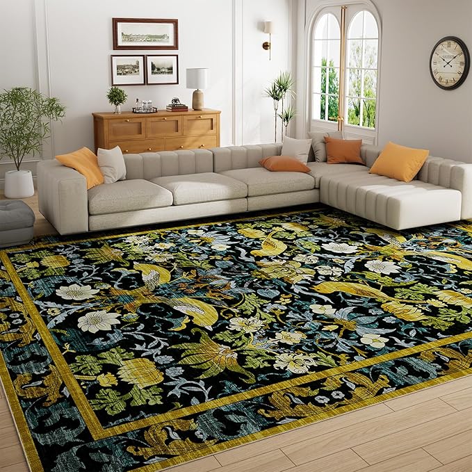 Topllen Washable Area Rug - Area Rug 8'x10' Boho Soft Living Room Rug, Non-Slip Large Area Rugs Indoor for Dining Room Livingroom Bedroom, Vintage Rug (Dark Green, 8x10ft)