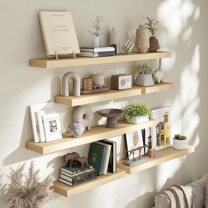 Marsmiles Floating Shelves for Wall - 48 Inch Natural Wood Floating Shelves Set of 1-48 Inch Wide x 7.7 Inch Deep x 1.6 Inch Thick Natural Wooden Shelves for Room Wall