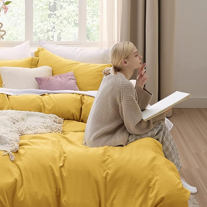 Bedsure Mustard Yellow Duvet Cover Full Size - 3 Pieces Prewashed Extra Soft Cotton-Like Bedding Set, Includes 1 Duvet Cover 80x90 Inches with Zipper Closure & 2 Pillow Shams, Comforter Not Included