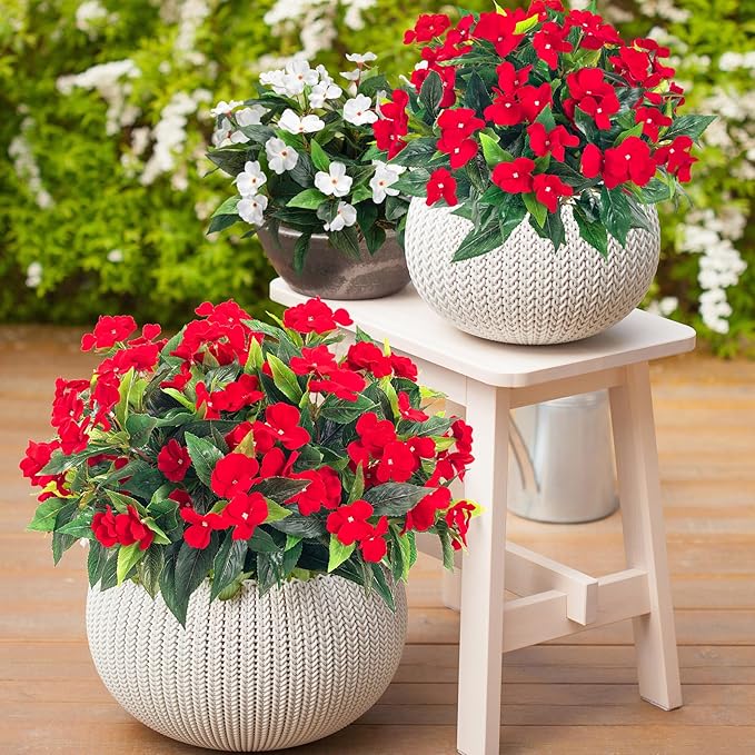 Artificial Impatiens Bouquet Flowers for Outdoors Silk Faux Flowers for Outdoor Impatiens Plants Decor Indoor Planters Kitchen Planters and Balcony Decorations 2PCS (Red)