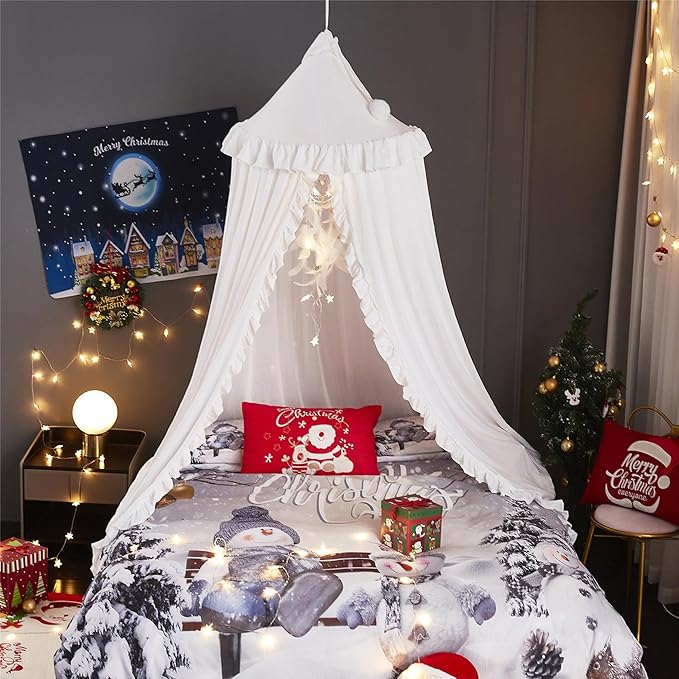 VETHIN Bed Canopy for Girls,Princess Round Dome Dreamy Mosquito Net Bedding Girls Room Castle Play Tent Hanging House Decor Reading Nook Canopies (White)