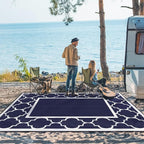 GENIMO 10' x 14' Outdoor Rug Waterproof for Patio, Foldable Reversible Plastic Straw Area Rugs Mat for Rv Decor, Outside Carpet for Camper, Deck, Picnic, Beach, Balcony, Porch, Blue & White