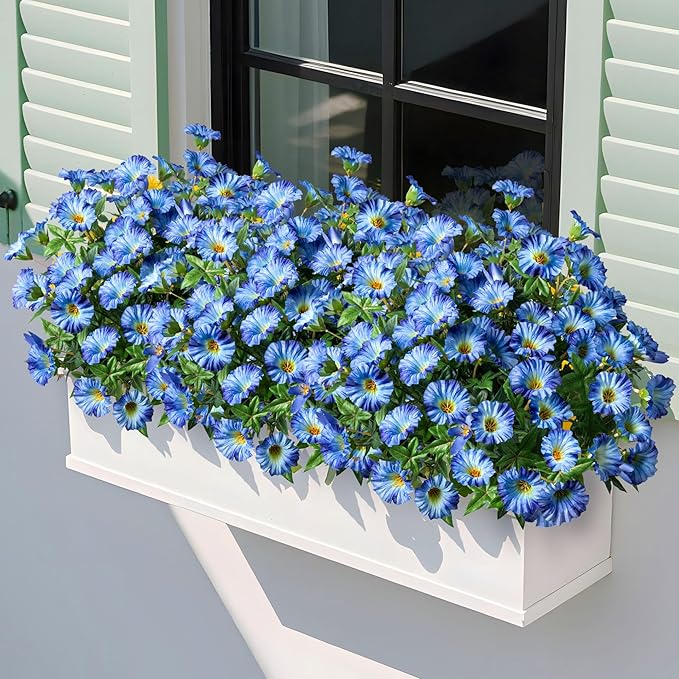 Artificial Flowers Fake Flowers Plants 13.3in Artificial Morning Glory Silk Flowers Uv Resistant Artificial Outdoor Plants 8PCS for Yard Decorations Outdoor(Blue)