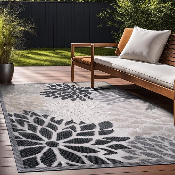 Beverly Rug Outdoor Rug 6x9 Modern Floral Tropical Area Rugs for Indoor and Outdoor Patio Easy to Clean Non Shedding Living Room Porch Garden Washable Outside Carpet (6 x 9 Beige)