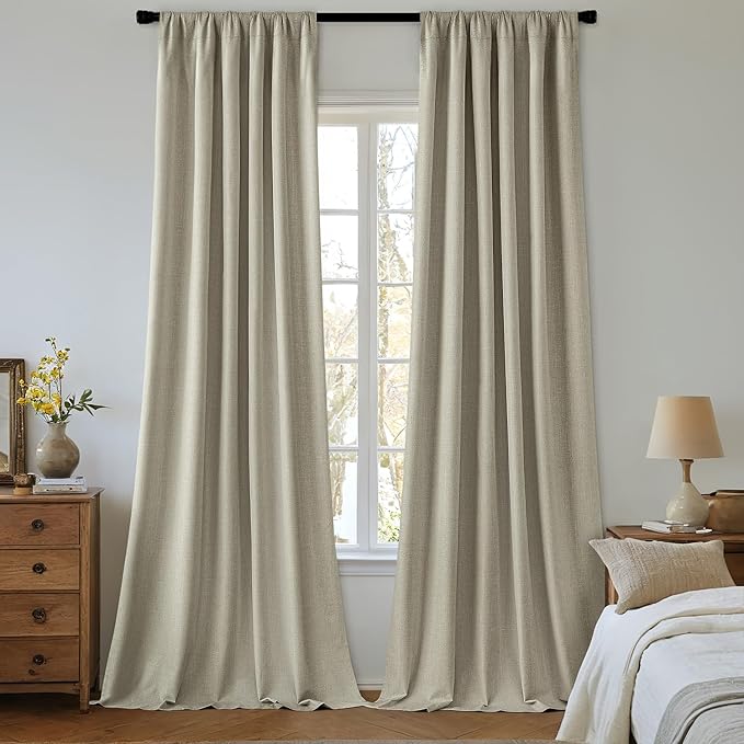 MIULEE 100% Blackout Curtains 120 Inch Long 2 Panels Set for Bedroom, Thick Luxury Faux Linen Black Out Curtain Room Darkening Back Tab Pleat Window Textured Drapes with Hooks for Living Room, Oatmeal