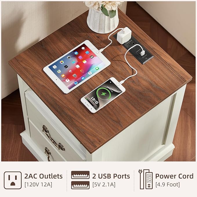 2PCS Farmhouse Nightstands with Charging Station，18" End Table with 2 Drawers，Farmhouse Nightstand with Vintage Handles, Bedside Cabinet for Bedroom for Bedroom, Living Room,White