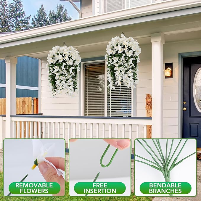 Artificial Bougainvillea Flowers for Outdoor Plant,2 pcs Faux Hanging Flowers Bougainvillea for Outside Decoration,Fake Silk UV Resistant Vines for Front Door Porch(White)