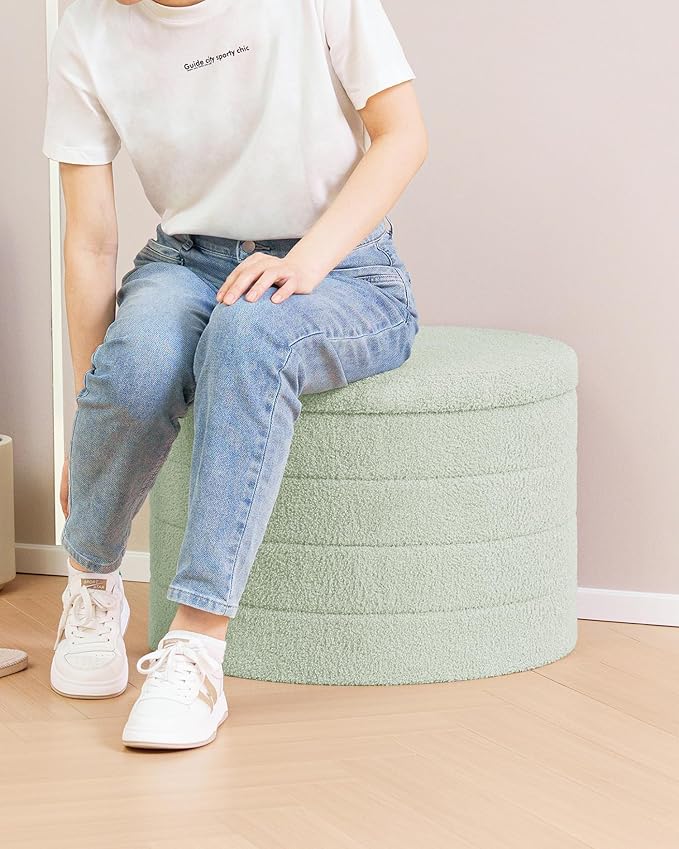 B FSOBEIIALEO Ottoman with Stroage, Round Sherpa Storage Ottoman Stool, Boucle Foot Rest22 x 22"x15.75"（Green