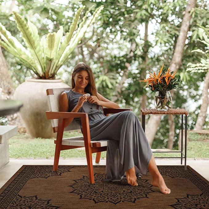 CAMILSON Outdoor Rug, Modern Area Rugs for Indoor and Outdoor Patios, Kitchen and Hallway mats, Washable Porch Deck Outside Carpet (6 x 9, Medallion Nut Brown)