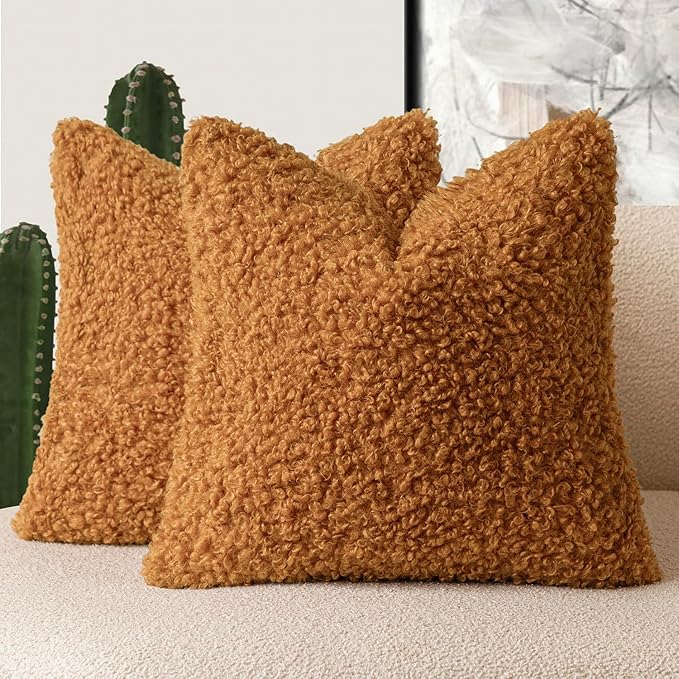Foindtower 2 Pieces 22x22 Inch Orange, Faux Fur Throw Pillow Cover Accent Sherpa Furry Pillow Covers Fuzzy Soft Pillowcases Cozy Sheepskin Decorative Fleece Cushion Case for Bed Couch Living Room