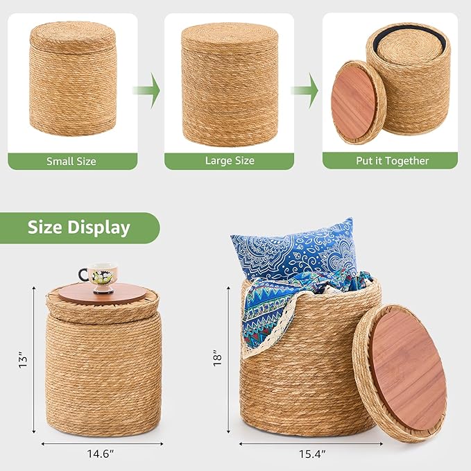 Wimarsbon Round Pouf Ottomans, Handwoven Natural Water Hyacinth Seagrass Pouffe,Outdoor Rattan Stool Accent Seat, Bohemian Coastal Home Decor (Cattail Nested Set-Natural)