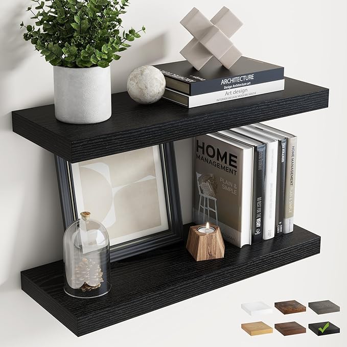 24 Inch Floating Shelves for Wall Set of 2, 8"D Wood Grain Bathroom Shelves with Invisible Brackets, Easy Install Engineered Wood Storage Shelves for Kitchen, Living Room, Bedroom, Black Finish