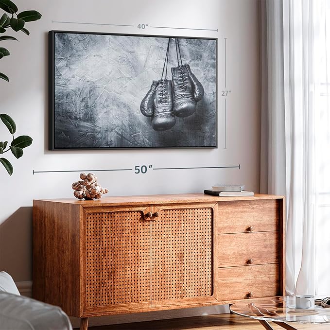 ElephantStock Boxing Gloves Wall Art - Horizontal Framed Canvas - 1-Piece Living Room Wall Decor - Photography Sports Canvas Print - Black and Gray Decor for Wall - 40" X 27"