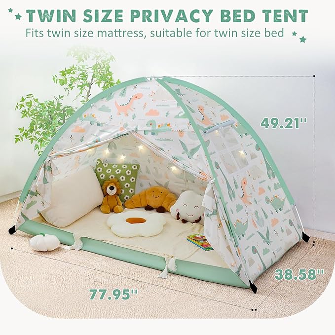Twin Bed Tent for Kids, Twin Size Bed Canopy with Star Lights, Privacy Space Blackout Sleeping Tents, Indoor Breathable Portable Bunk Bed Tent for Boys and Girls, Dinosaur