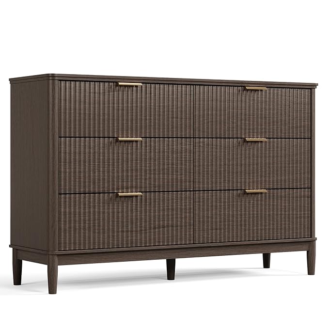 LINSY HOME Fluted Dresser for Bedroom with 6 Drawers, 54" Wide Mid Century Modern Dressers, Tall Boho Chest of Drawer, Large Wood Accent Storage Cabinet for Living Room, Curved Profile Design, Walnut