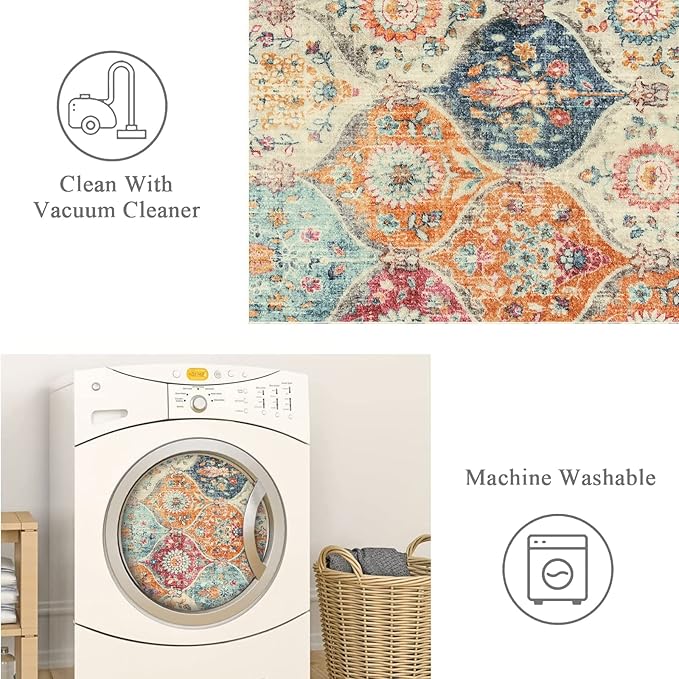 Lahome Moroccan Washable Kitchen Runner, 2x7 Runner Rug with Rubber Backing Non Slip, Vintage Hallway Rug Throw Carpet for Hallways Bedroom Laundry Room Entryway, Cream/Multi