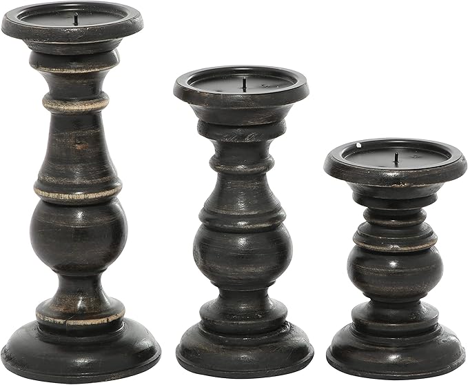 Deco 79 Mango Wood Decorative Candle Holder Distressed Turned Pillar Candle Stand, Set of 3 Candlestick Holder 6", 8", 10"H, Black