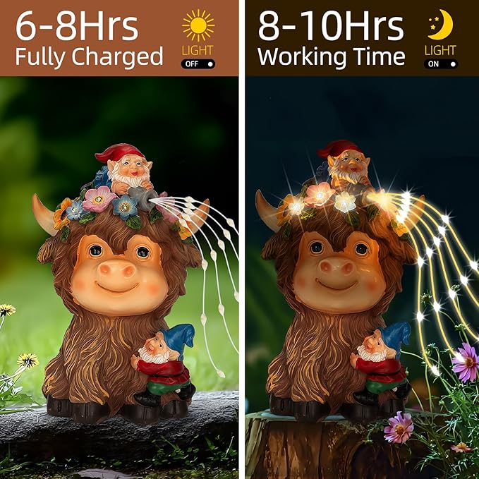 Solar Highland Cow Outdoor Statues for Garden: Outside Decor with Funny Gnomes Clearance for Yard Art Lawn Ornaments Porch Patio Balcony Home House - Birthday Gifts for Grandma Mom Women(Cow Gnome)