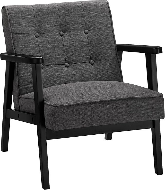 SONGMICS Accent Leisure Chair, Mid-Century Modern Arm Chair with Solid Wood Armrests and Legs, 1-Seat Cushioned Sofa for Living Room Bedroom Balcony Studio, Classic Black ULAC001B01