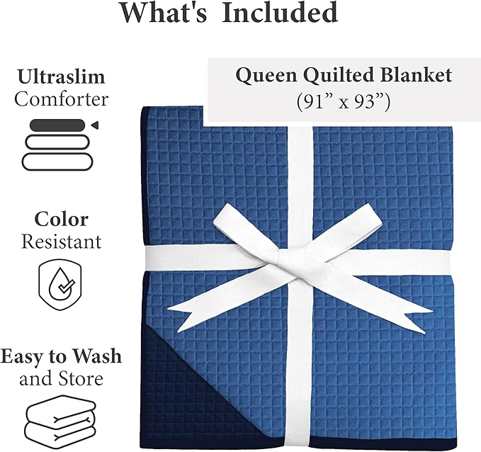 Vianney King Size Comforter 110x93 Inches Reversible Lightweight Quilt Blanket in Electric Blue and Navy Blue with Geometric Square Pattern for Stylish All-Season Bedding
