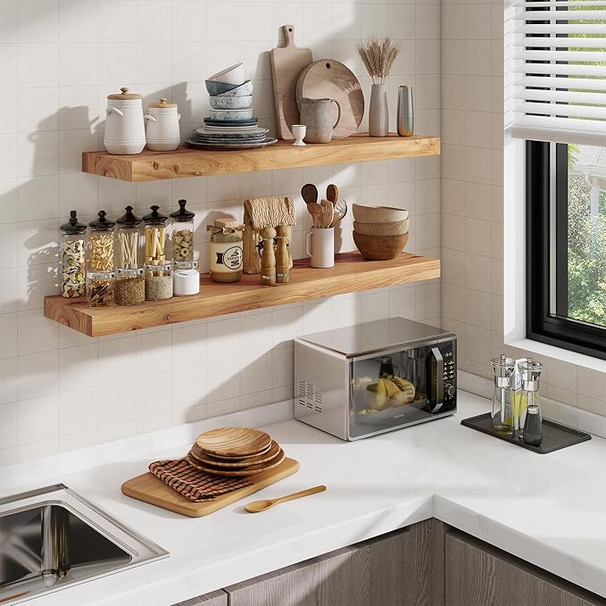 Floating Shelves, 8" Deep Rustic Solid Elm Wood Wall Mounted Floating Shelves, Wall Shelves with Invisible Bracket for Living Room Bathroom Bedroom Kitchen, 55 Inch, Natural