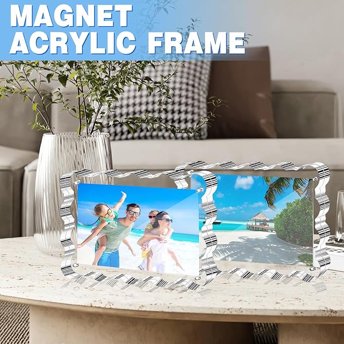 Aheroi 4x6 Acrylic Picture Frames, 3 Pack Clear Scalloped Acrylic Photo Frame Freestanding Magnetic Picture Frames for Desktop, Transparent Thickened Double Sided Picture Frame, Exclusive Shape Design