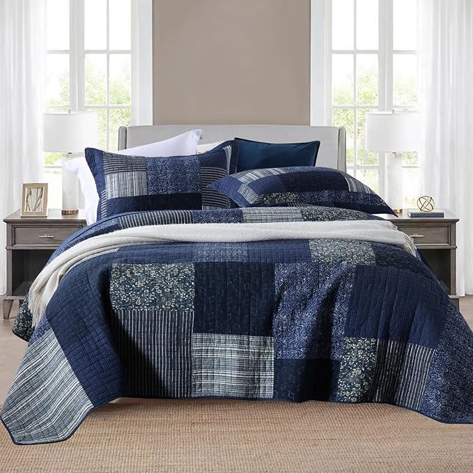 Yvooxny Quilts King Size Reversible Lightweight Bedspread 3-Piece Quilt Set Plaid Floral Patchwork 100% Cotton King Quilt Set Bedding Set with Pillow Shams for All Seasons, Azure Blue, 98x106''