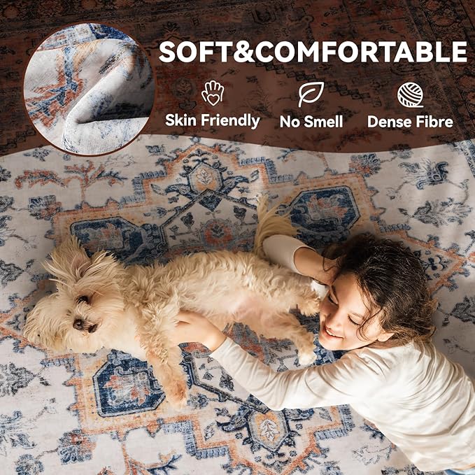 Runner 2x6 Runners for Hallways Runner-Rugs for Bedroom Soft Kitchen Machine Washable Vintage Oriental Floral Medallion Laundry Rug Non Slip Blue Rust