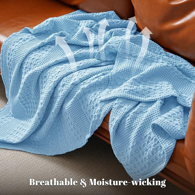 PHF 100% Cotton Waffle Weave Blanket Twin Size, Soft Lightweight Breathable Cozy Summer Blankets for Bed, Luxury Aesthetic Woven Bedding for Home Decor, 66"x90", Sky Blue