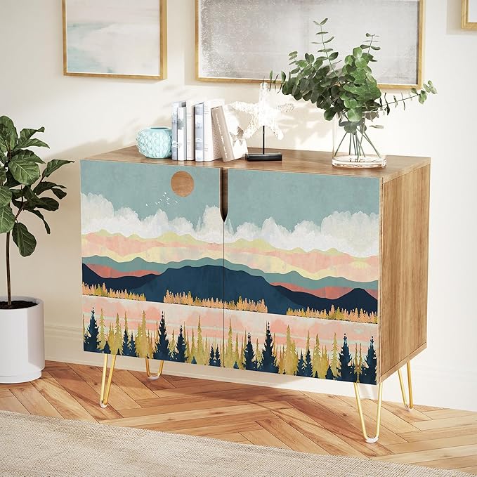 SIGNWIN Sideboard Buffet Cabinet, Kitchen Storage Cabinet with 2 Doors, Pastel Colorful Mountain Forest, Cupboard Console Table for Dining Room - 35" L x 18" W x 29" H